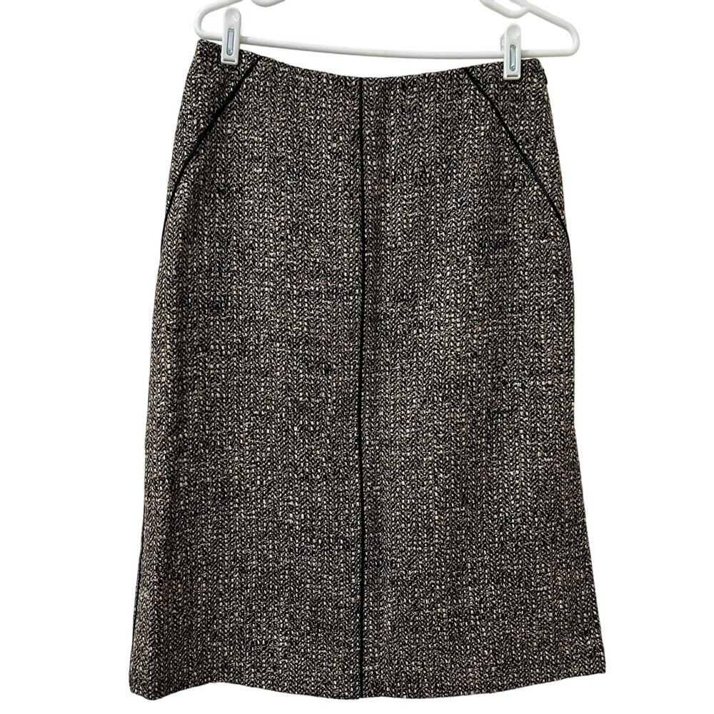 Talbots Vtg Womens Sz 8 Black & Tan Tweed Wool Midi Pencil Skirt Academia Preppy